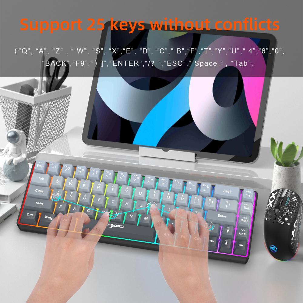 68-key tri-mode wireless Bluetooth membrane gaming keyboard with conflict-free 25 keys, suitable for desktops and laptops, ideal for gamers.